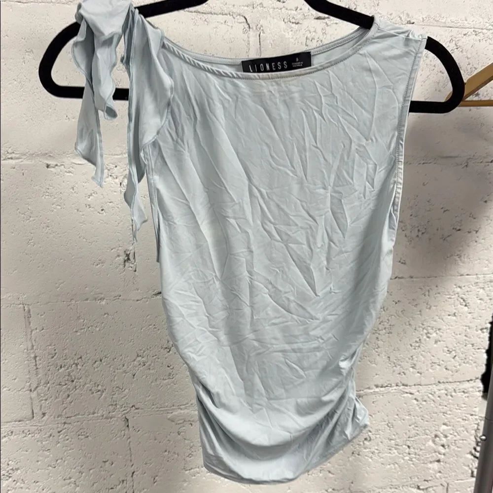 Lioness Blue Asymmetrical Ruched Tank - Cute Sleeves Cinched Waist - Small
